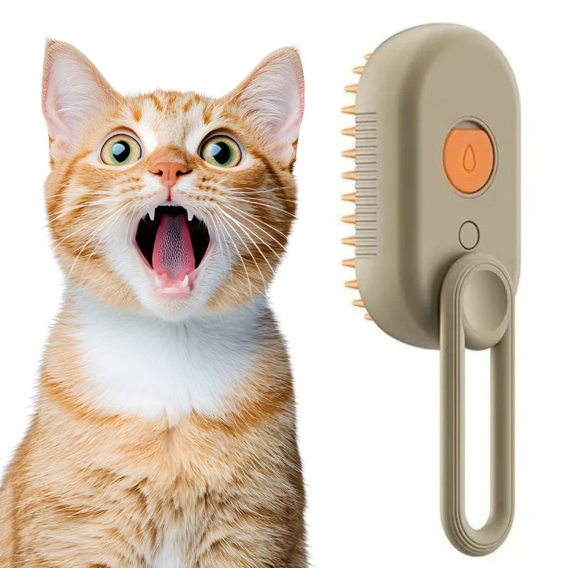 Cat with an open mouth next to a pet grooming tool on a white background