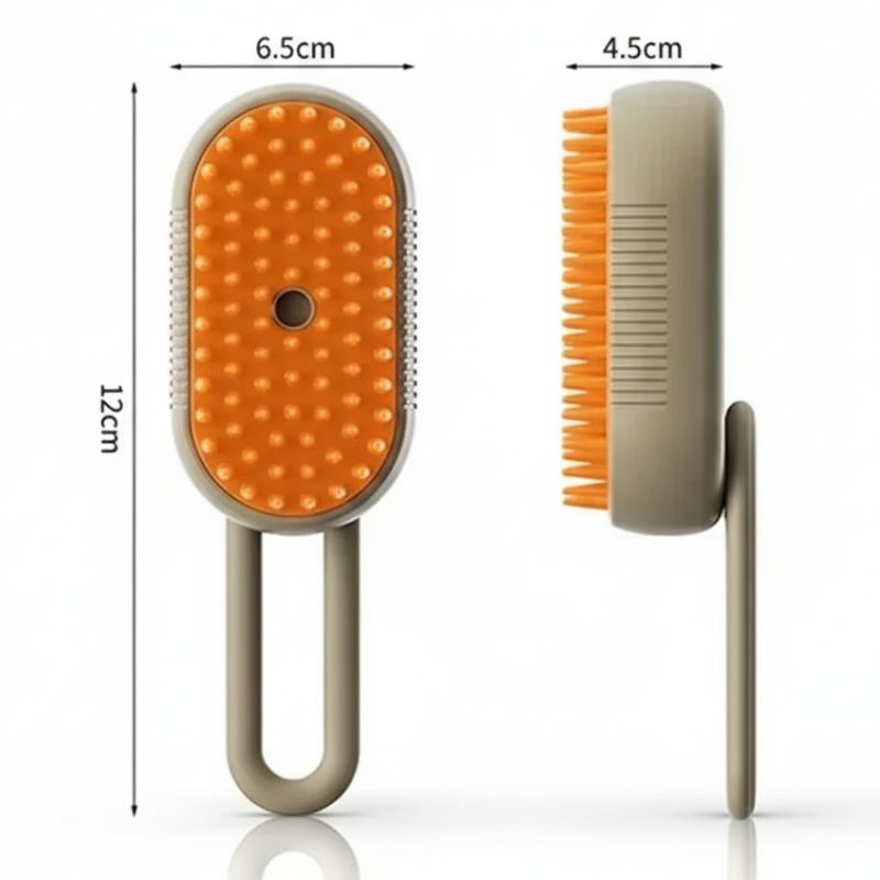 Pet grooming brush with orange bristles and dimensions labeled on a white background