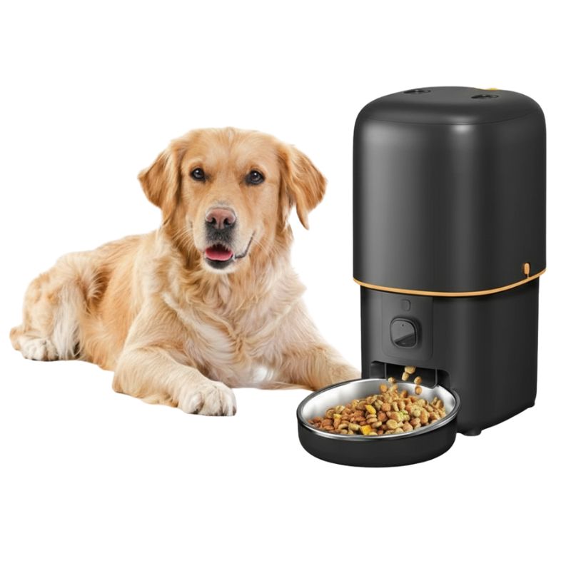 Dog next to a black pet feeder with a bowl of food on a white background
