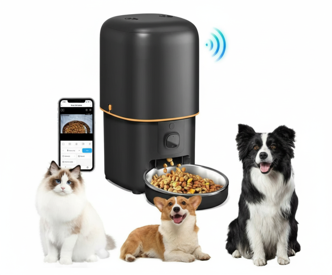 Smart pet feeder with a phone app, bowls of food, and four pets on a white background