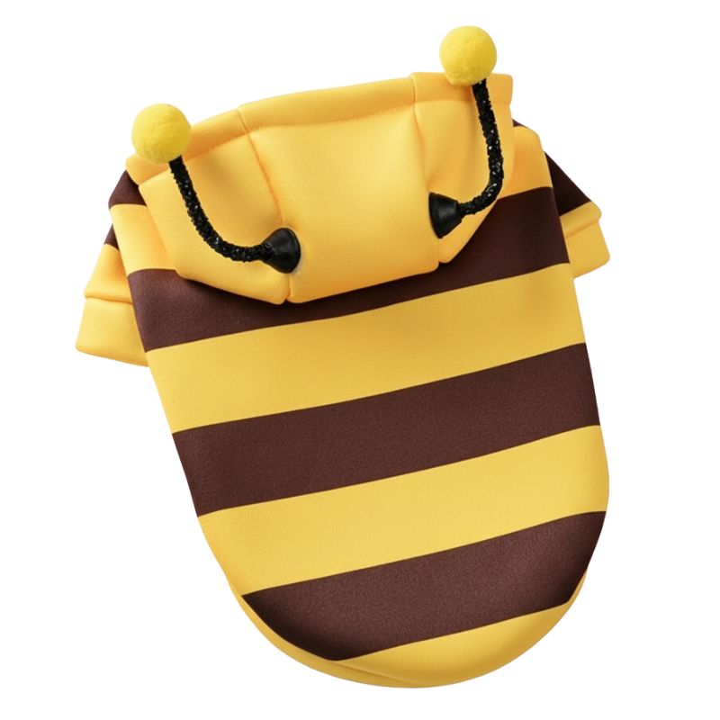 Yellow and brown striped dog hoodie with bee-like features on a white background