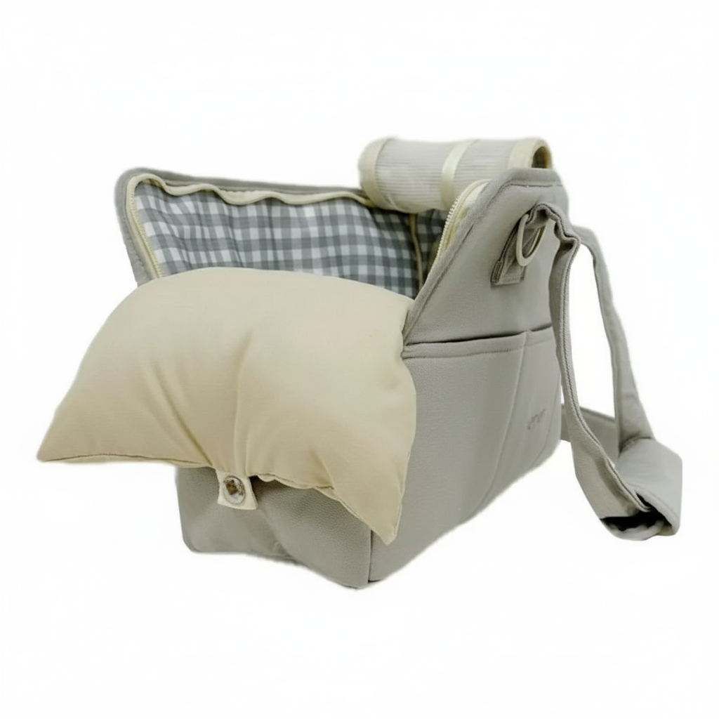 Baby carrier with beige and plaid interior on a white background