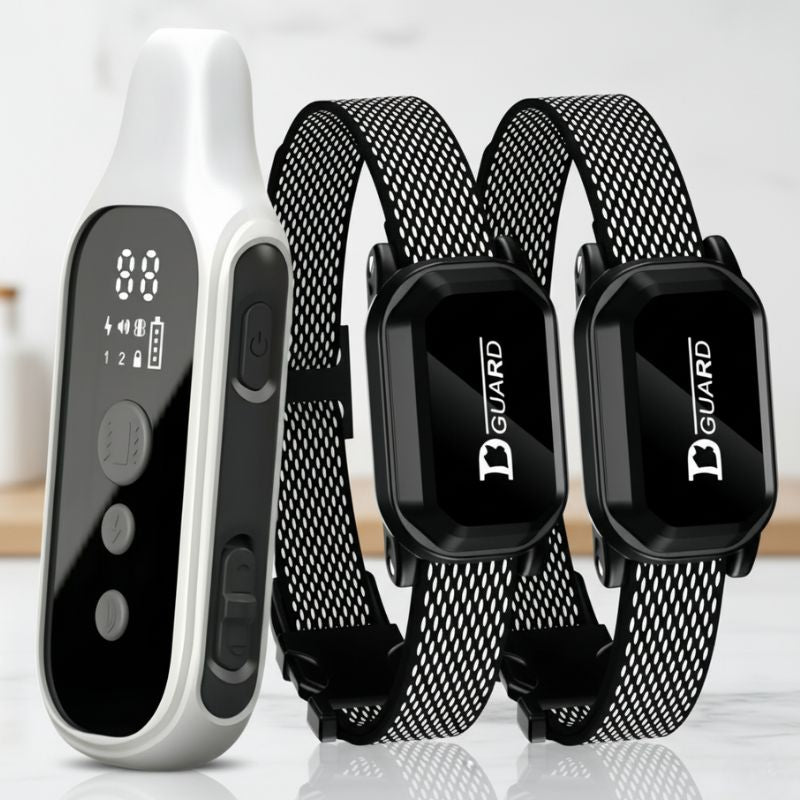Smartwatch with a white band and two black mesh bands on a light background