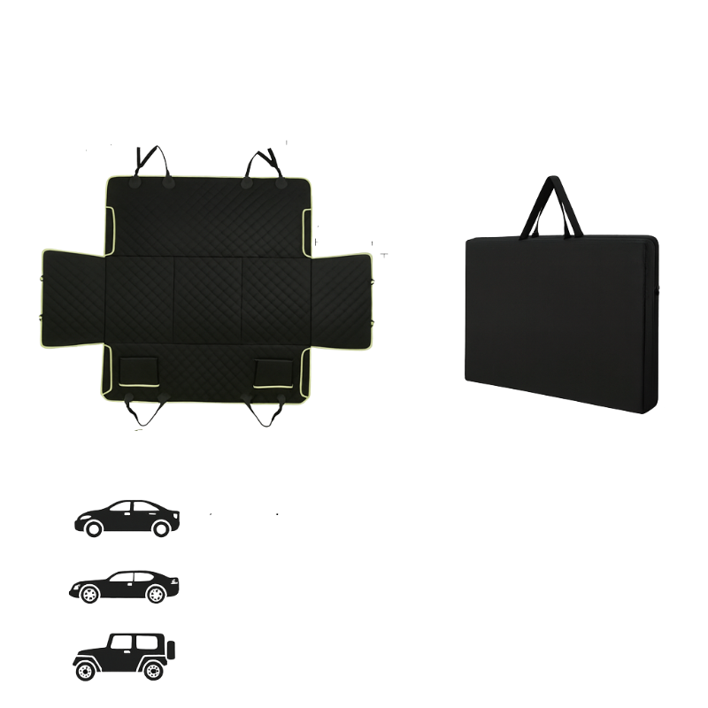Car trunk mat with a folded version and illustrations of different vehicle types on a white background.