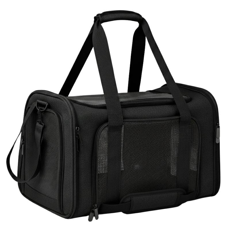 Black duffel bag with multiple straps on a white background