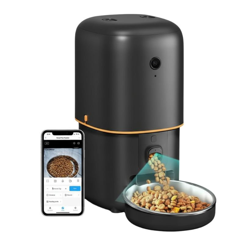 Black pet feeder with smartphone app interface on a white background