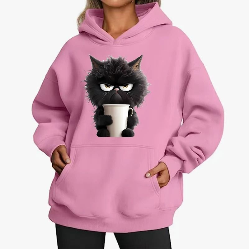 Pink hoodie with a black cat holding a coffee cup design on a white background