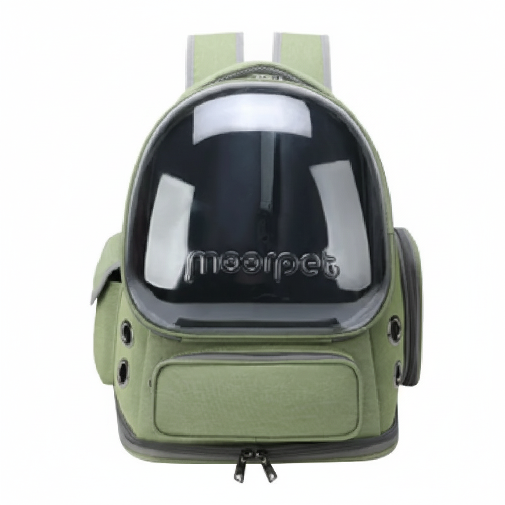 Green pet backpack with transparent front on a white background