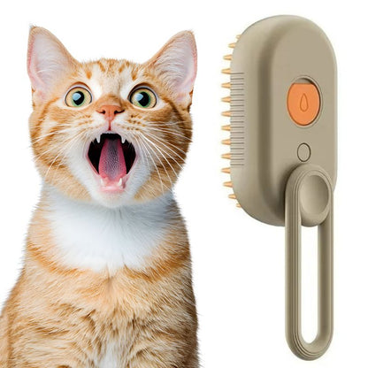 Cat with an open mouth next to a pet grooming tool on a white background