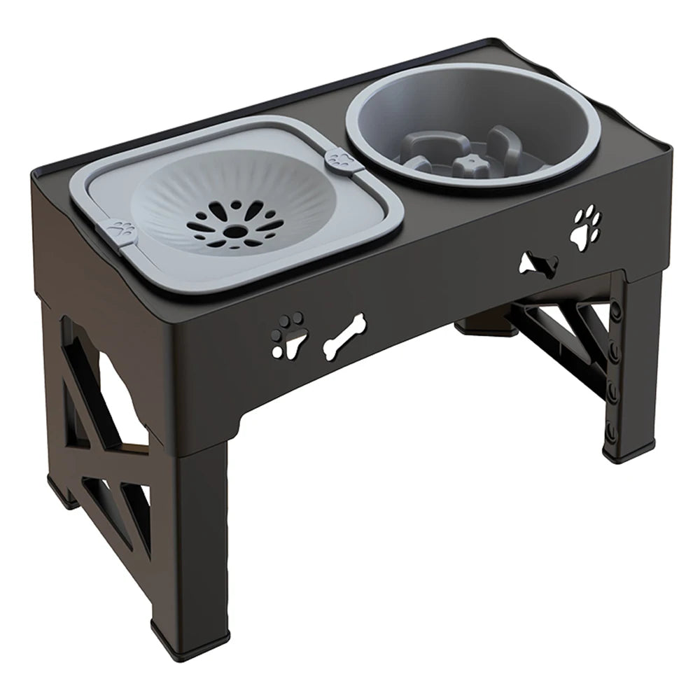 Pet feeding station with two bowls on a white background