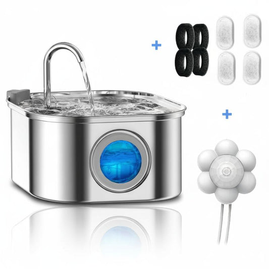 Stainless steel pet water fountain with accessories on a white background