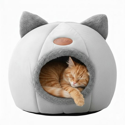 Cat-shaped pet bed with a cat inside on a white background