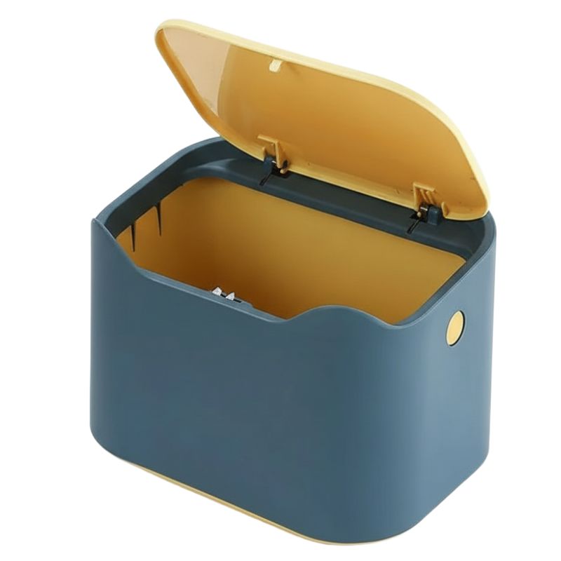 Blue and yellow trash bin on a white background