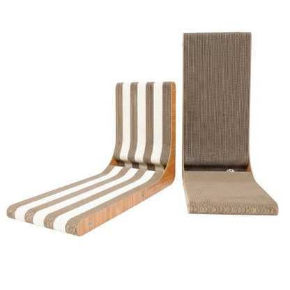 Two lounge chairs with striped and textured cushions on a white background