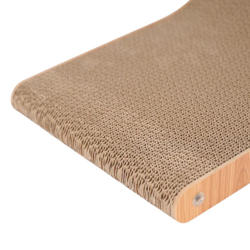 Close-up of a cardboard cat scratcher with wooden base on a white background