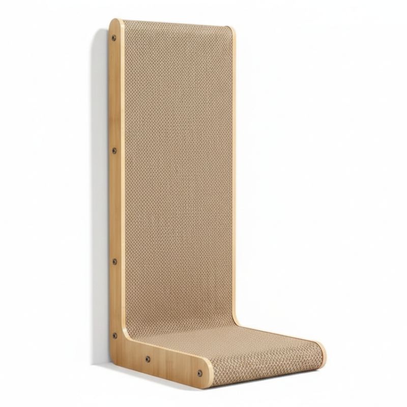 Beige wall-mounted cat scratcher with wooden frame on a white background