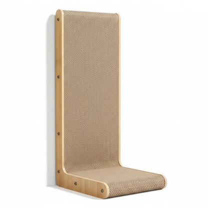 Beige wall-mounted cat scratcher with wooden frame on a white background