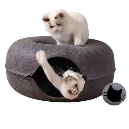 Two cats in a gray pet bed with a white background