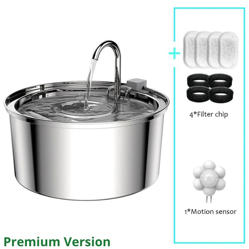 Stainless steel pet water fountain with additional components on a white background