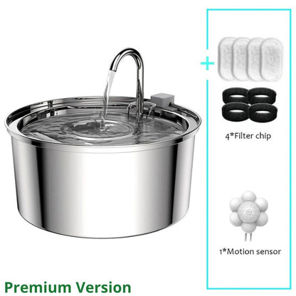 Stainless steel pet water fountain with additional components on a white background