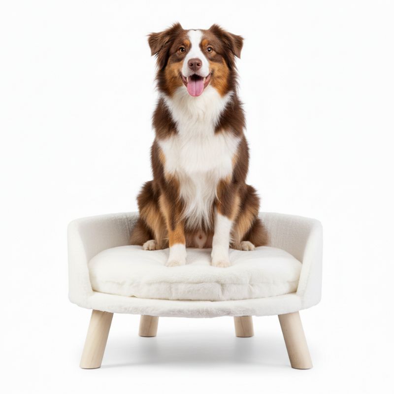 Dog sitting on a small, elevated pet bed with a white background
