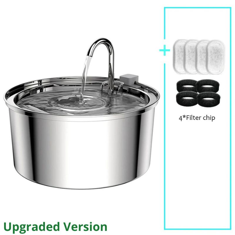 Stainless steel pet water fountain with additional filters on a white background