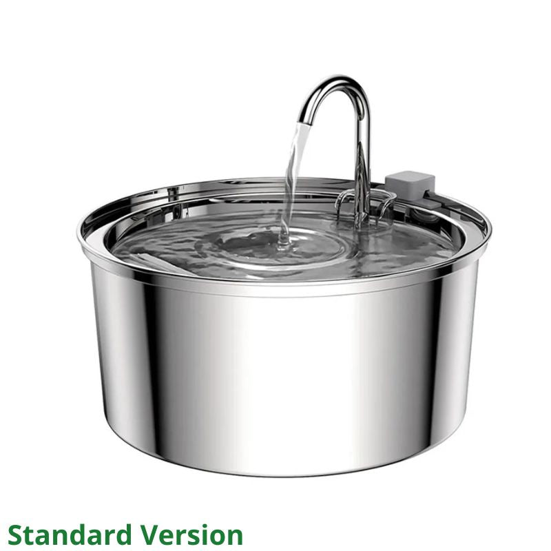 Stainless steel pet water fountain on a white background