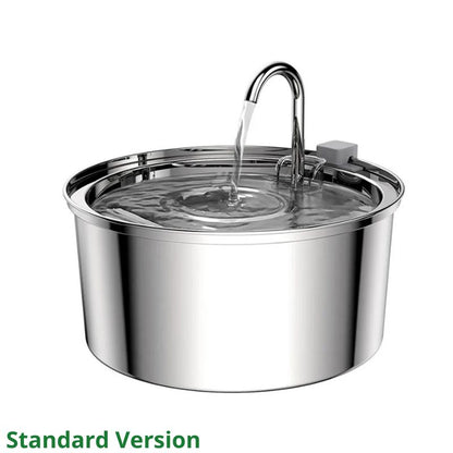 Stainless steel pet water fountain on a white background