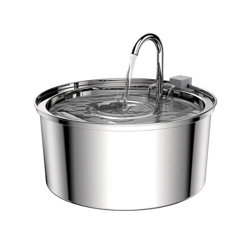 Stainless steel pet water fountain on a white background