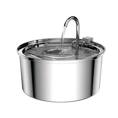 Stainless steel pet water fountain on a white background