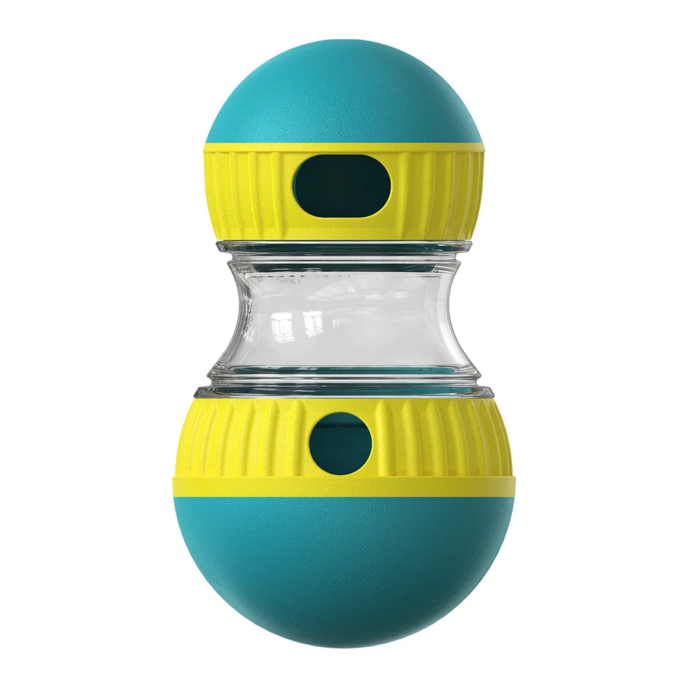 Teal and yellow container with a clear middle section on a white background