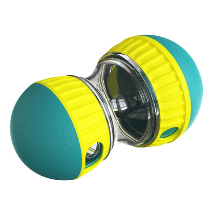 Two dumbbells with green and yellow rubber covers on a white background