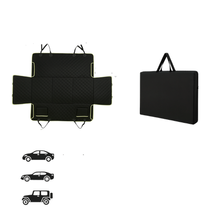 Car trunk mat with a folded version and illustrations of different vehicle types on a white background.