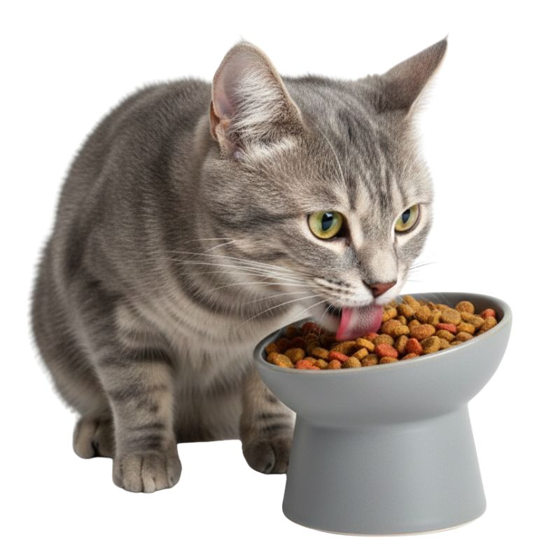 Cat eating from a elevated food bowl on a white background