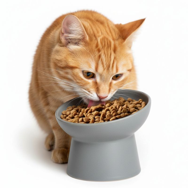 Orange cat eating from a gray elevated cat bowl on a white background