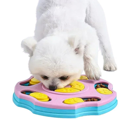 Dog interacting with a colorful puzzle toy on a white background