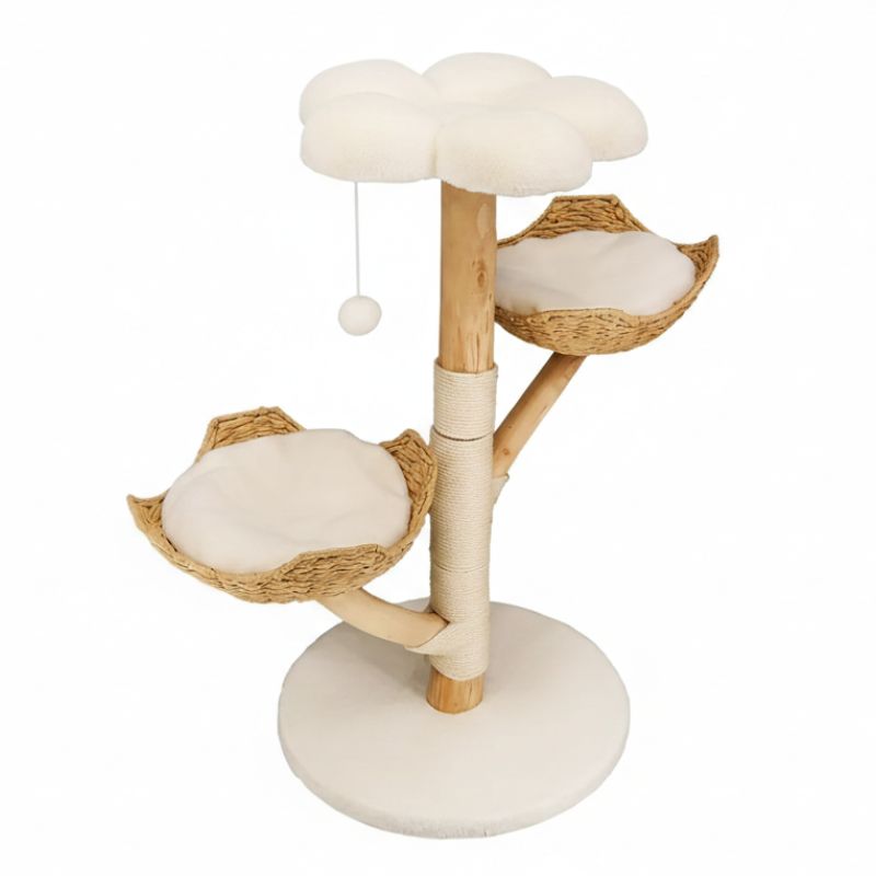 Cat tree with platforms and a hanging toy on a white background
