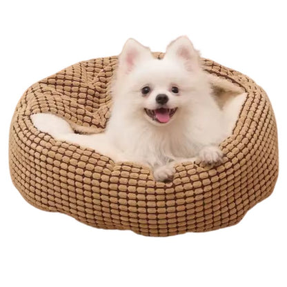 White dog sitting in a brown textured pet bed on a white background