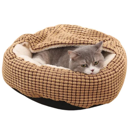 Cat lying in a beige pet bed on a white background
