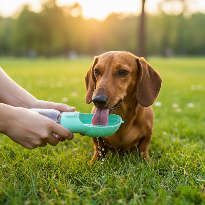 Dog drinking water from a green bowl held by a person in a park setting