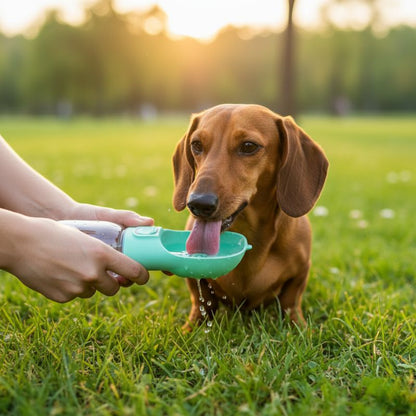 Dog drinking water from a green bowl held by a person in a park setting