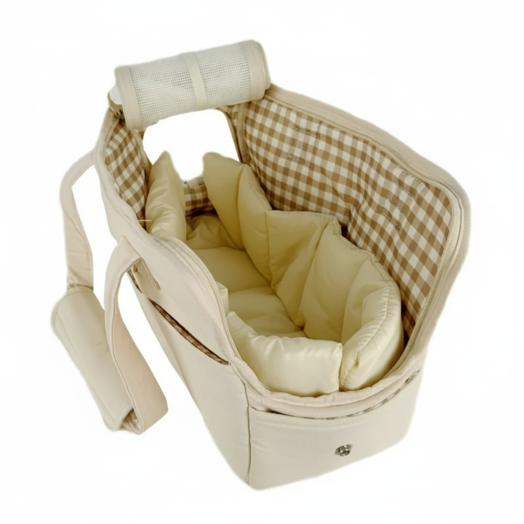 Beige baby carrier with checkered pattern on a white background