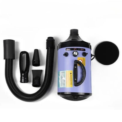 Purple hair dryer with attachments on a white background