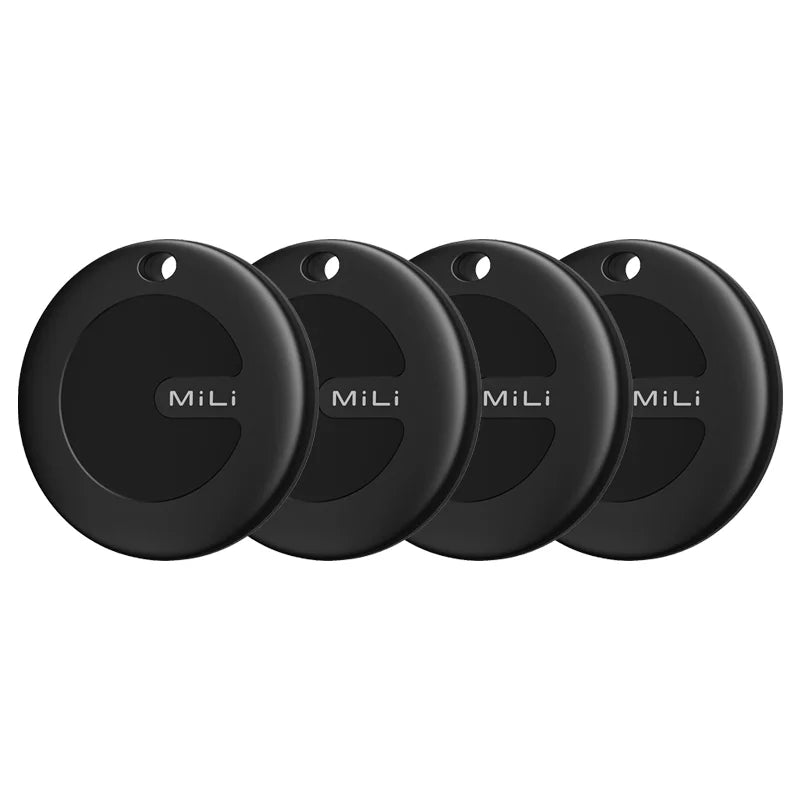 Four black Mili keychain trackers on a white background
