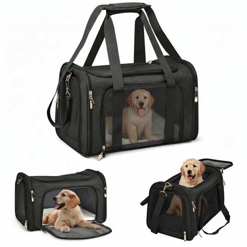 Black pet carrier with a dog inside, shown from different angles on a white background.