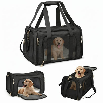 Black pet carrier with a dog inside, shown from different angles on a white background.