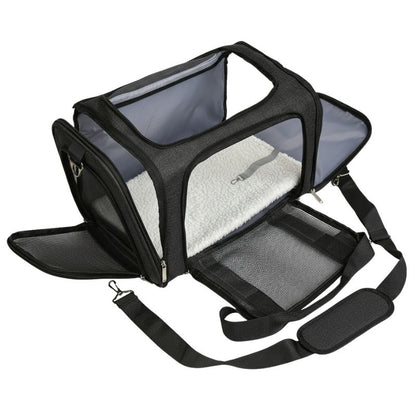 Pet carrier with mesh sides and a strap on a white background
