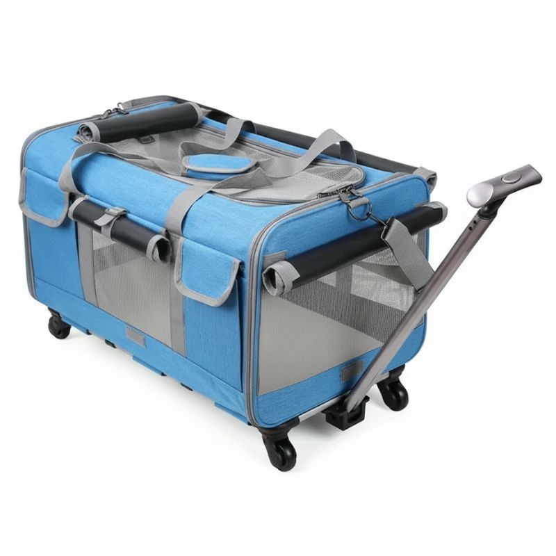 Blue pet carrier with wheels and a handle on a white background