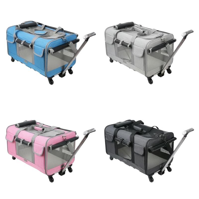 Four pet travel crates in blue, gray, pink, and black with wheels and handles on a white background.
