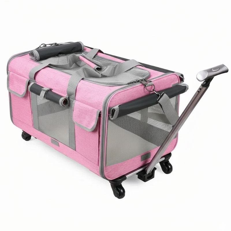 Pink and gray pet carrier with wheels on a white background